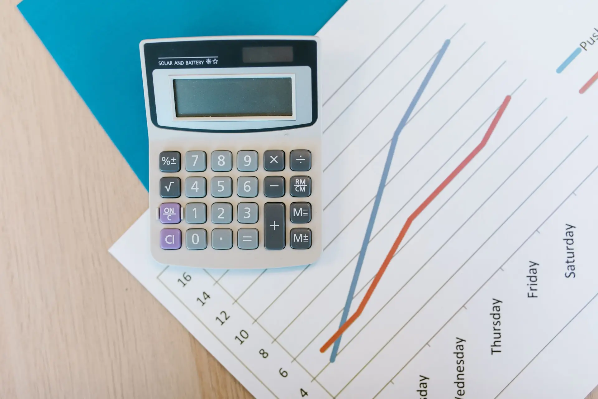Una calculadora sobre un informe impreso con un gráfico de líneas que muestra la evolución de cifras a lo largo de la semana